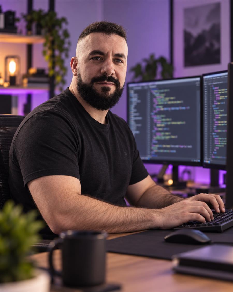 Luciano Montoya working at his desk